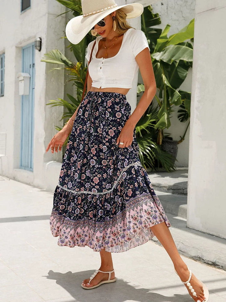 Elegant Long Floral Skirt with Elastic Waist