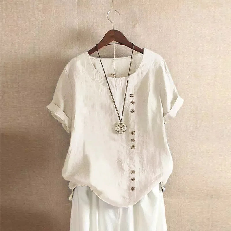 Elegant Cotton Women's Blouse with Short Sleeves and Button Details