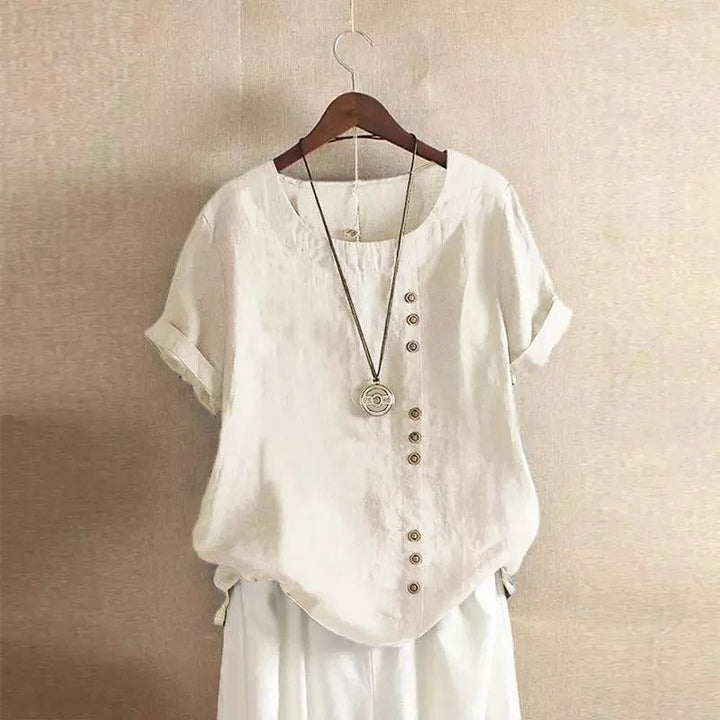 Elegant Cotton Women's Blouse with Short Sleeves and Button Details