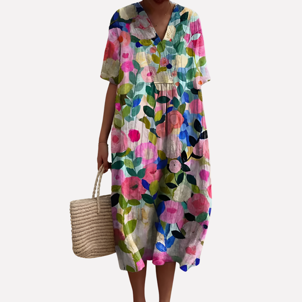 Women’s Floral Summer Dress – V-Neck &amp; Short Sleeves