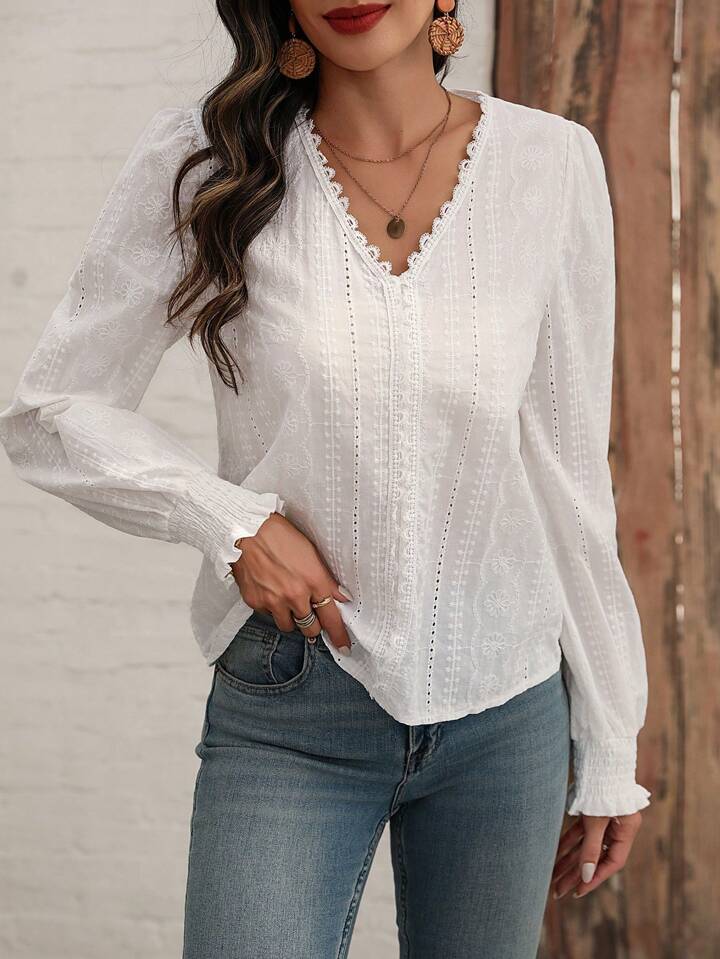 Women's V-Neck Lace Trim Blouse & Long Sleeves