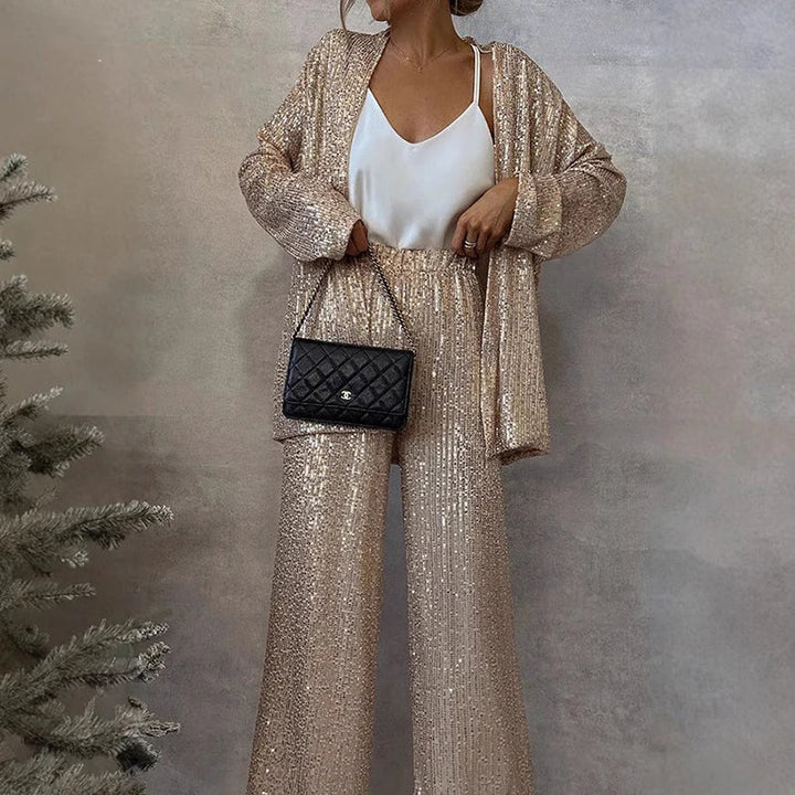 Two-Piece Set with Sequins and High-Waisted Pants