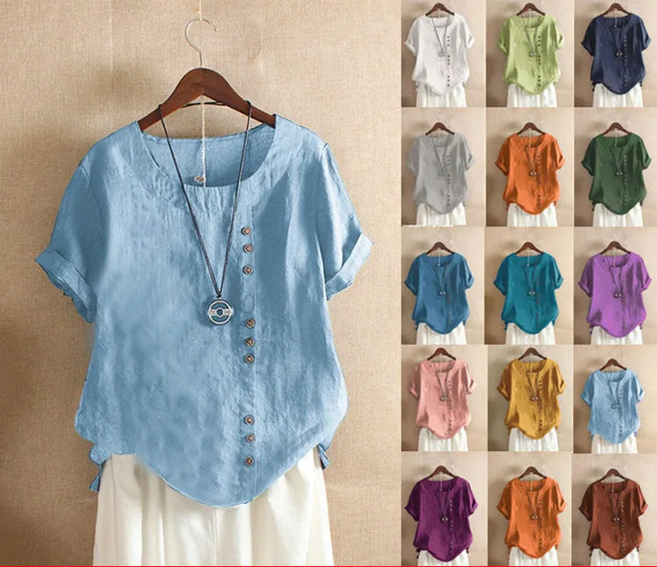 Elegant Cotton Women's Blouse with Short Sleeves and Button Details