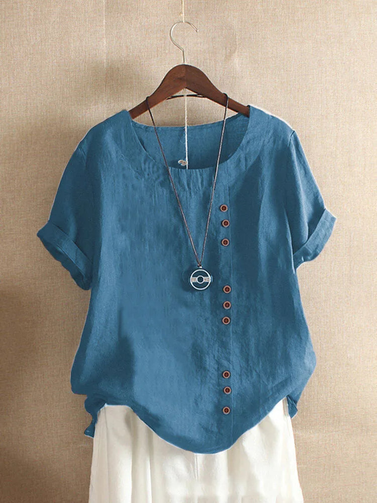 Elegant Cotton Women's Blouse with Short Sleeves and Button Details