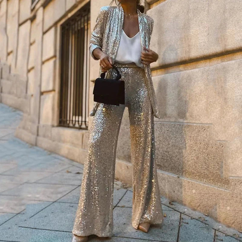 Two-Piece Set with Sequins and High-Waisted Pants