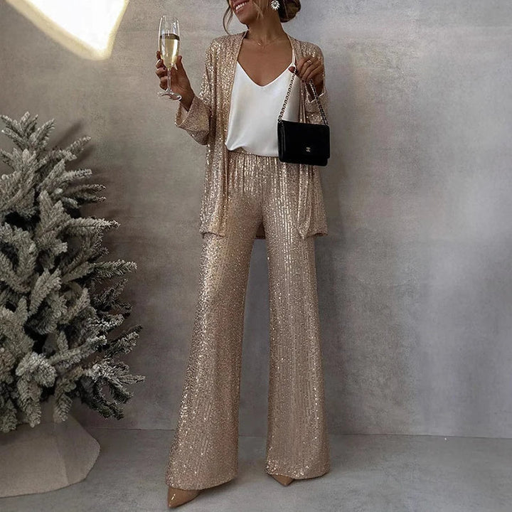 Two-Piece Set with Sequins and High-Waisted Pants