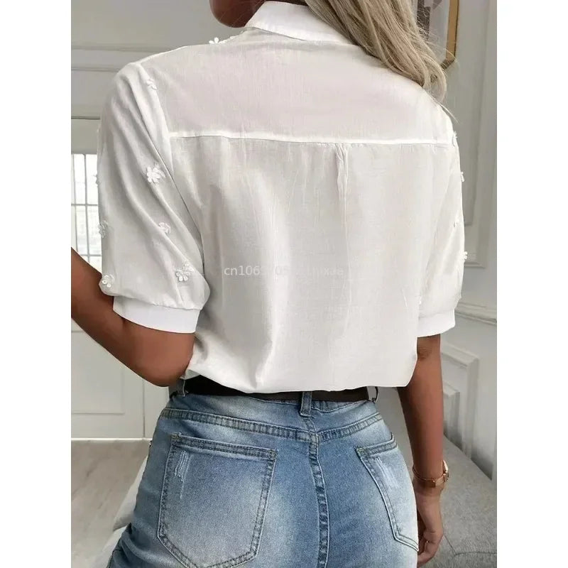 Summer White Blouse with Embroidery and V-Neck