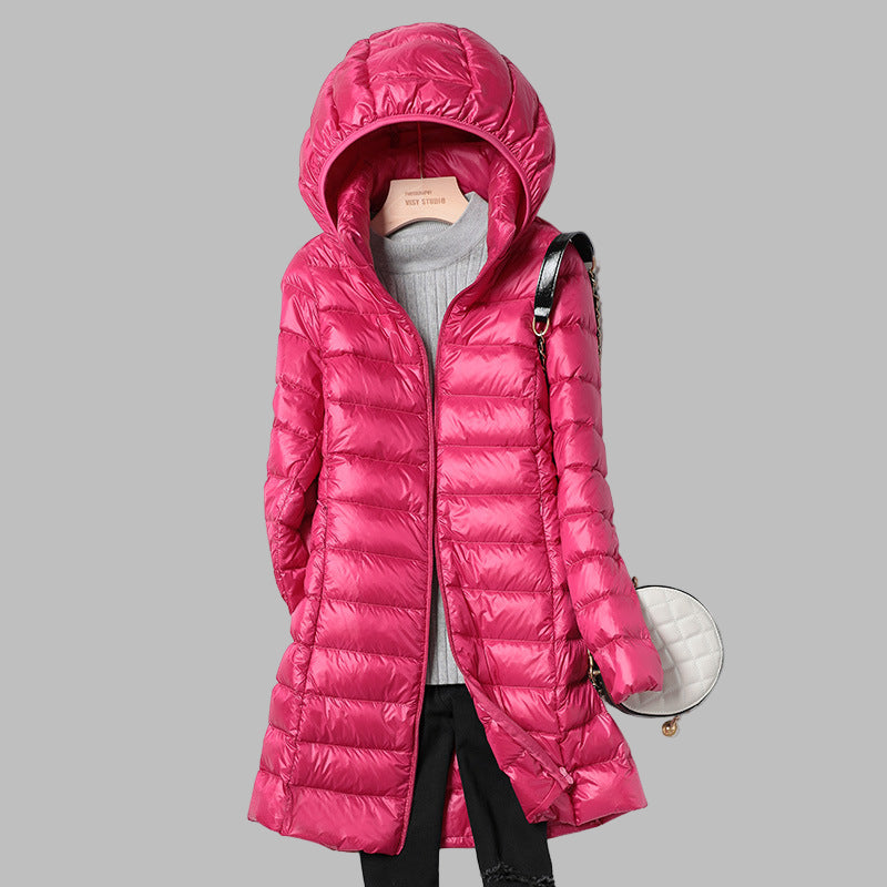 Long Down Jacket with Detachable Hood for Women