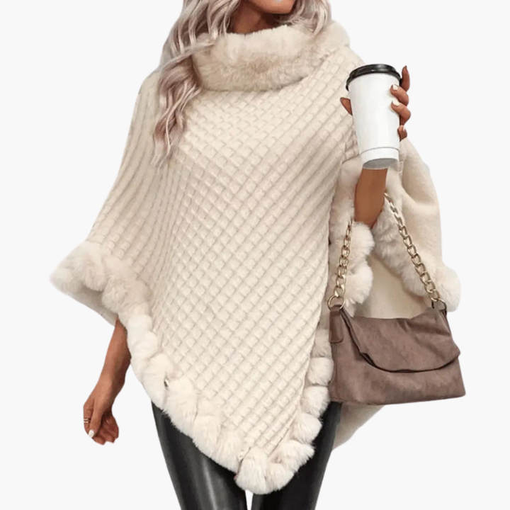 Women’s Knit Poncho with Faux Fur Trim and Oversized Fit