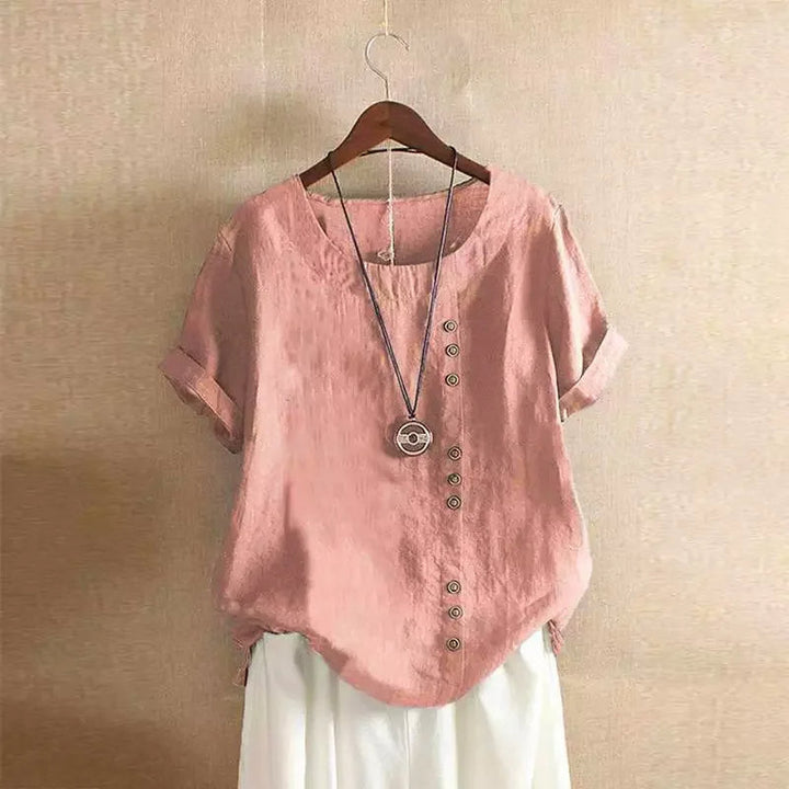 Elegant Cotton Women's Blouse with Short Sleeves and Button Details