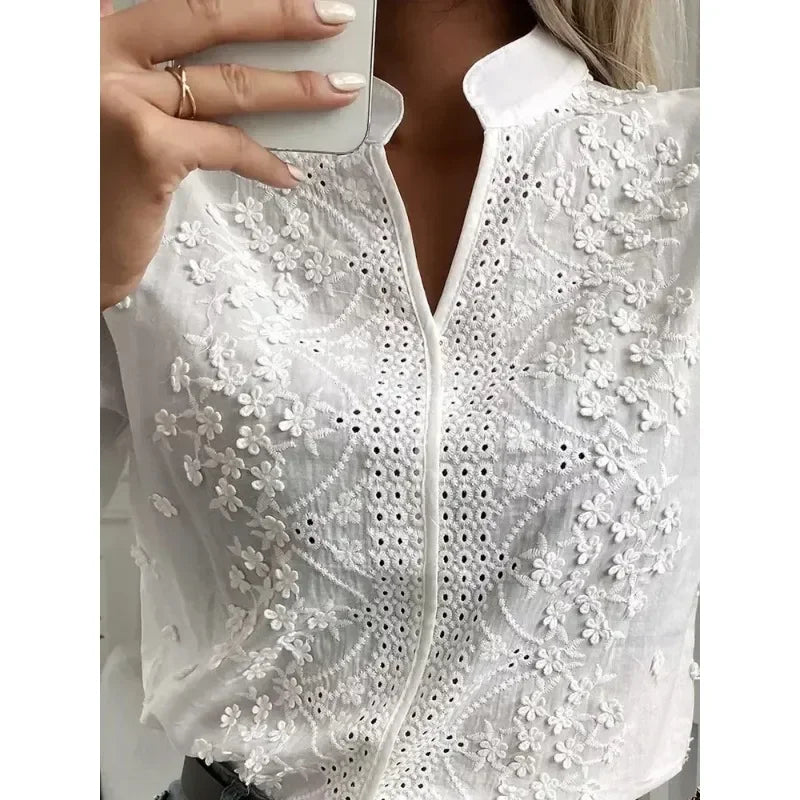 Summer White Blouse with Embroidery and V-Neck
