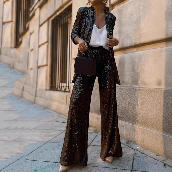 Two-Piece Set with Sequins and High-Waisted Pants