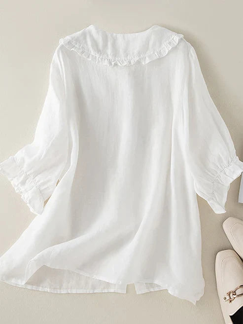 Women's Cotton Linen Loose Peter Pan Ruffle Neck Shirt