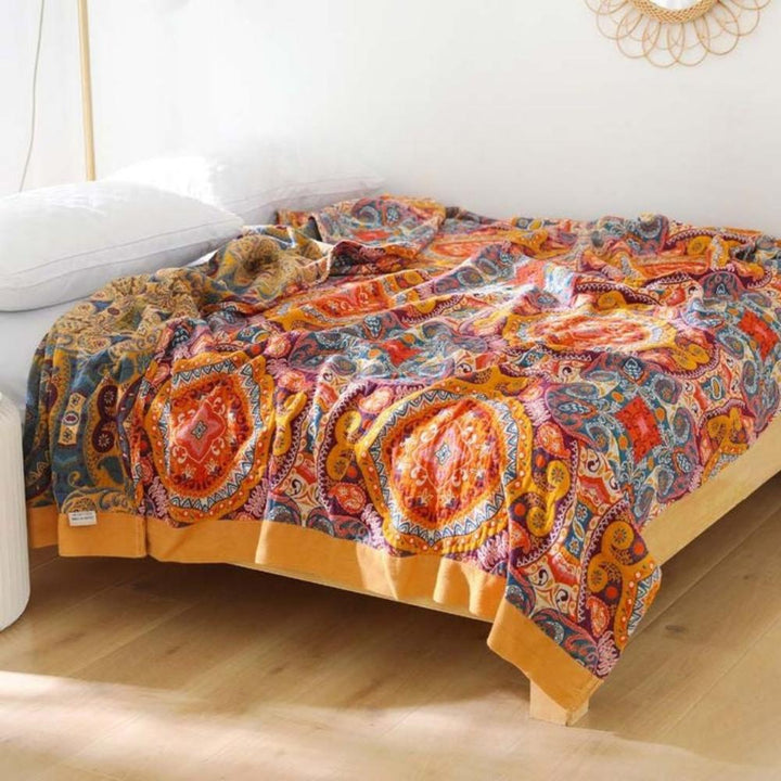 Sunrise Boho Reversible Blanket – Artistic Warmth with Dual-Sided Design