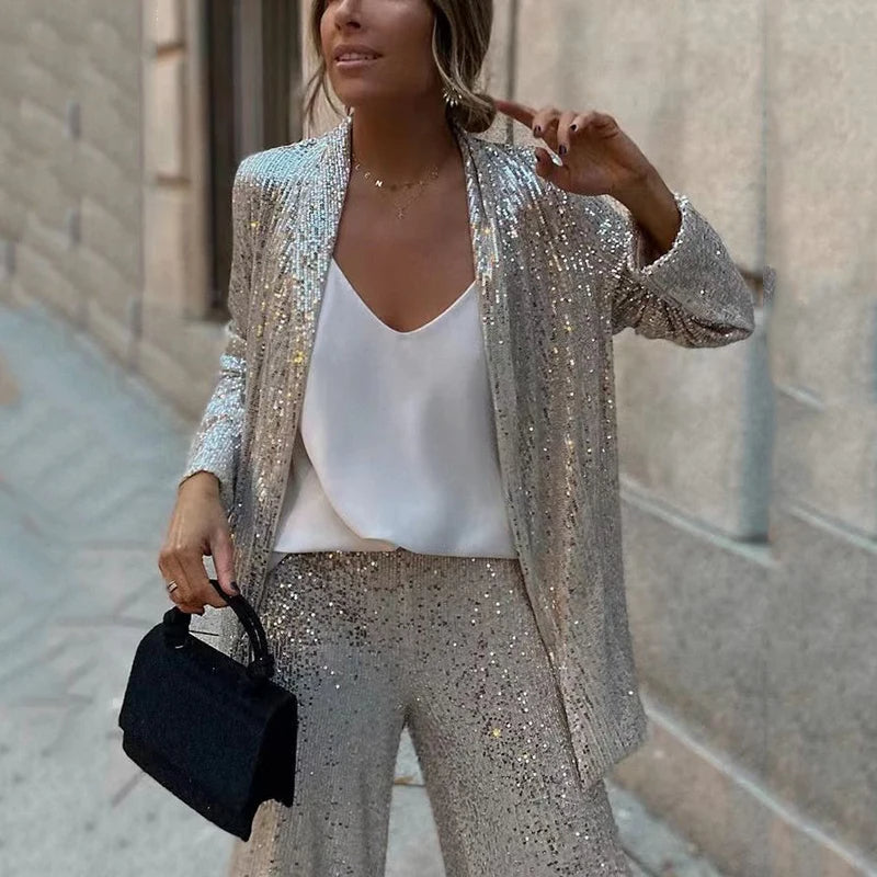 Two-Piece Set with Sequins and High-Waisted Pants