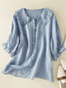 Women's Cotton Linen Loose Peter Pan Ruffle Neck Shirt