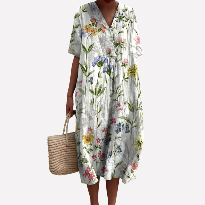 Women’s Floral Summer Dress – V-Neck &amp; Short Sleeves