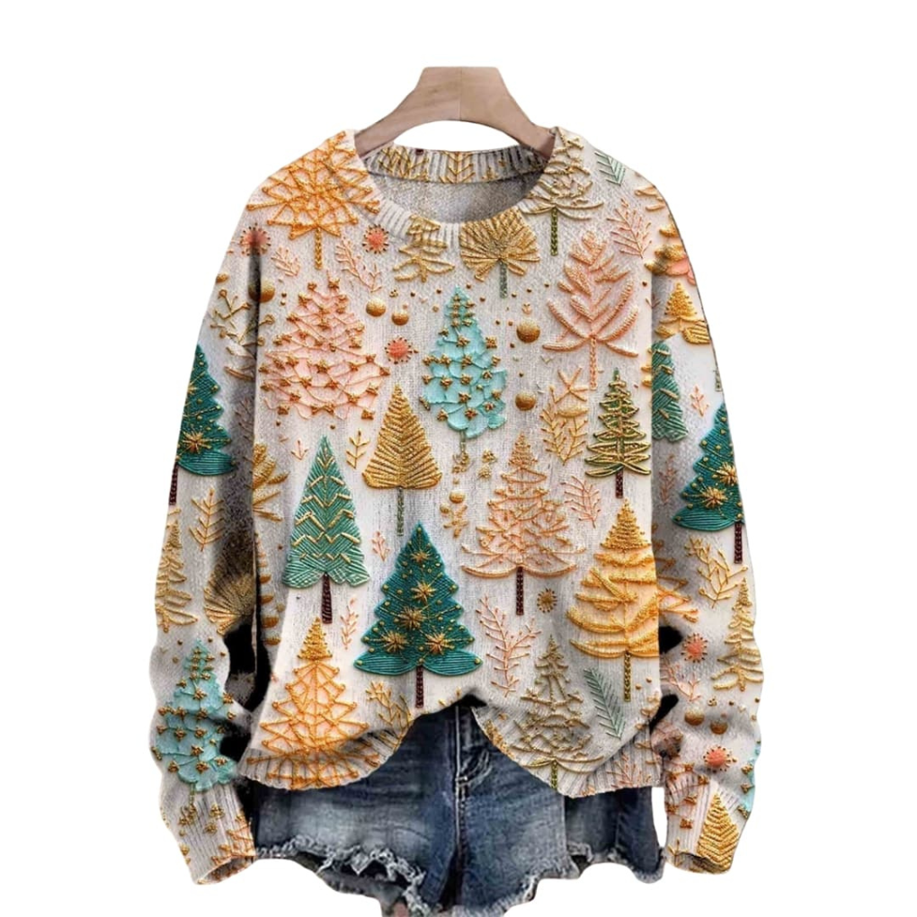 Women's Knit Sweater with Tree Pattern and Round Neckline