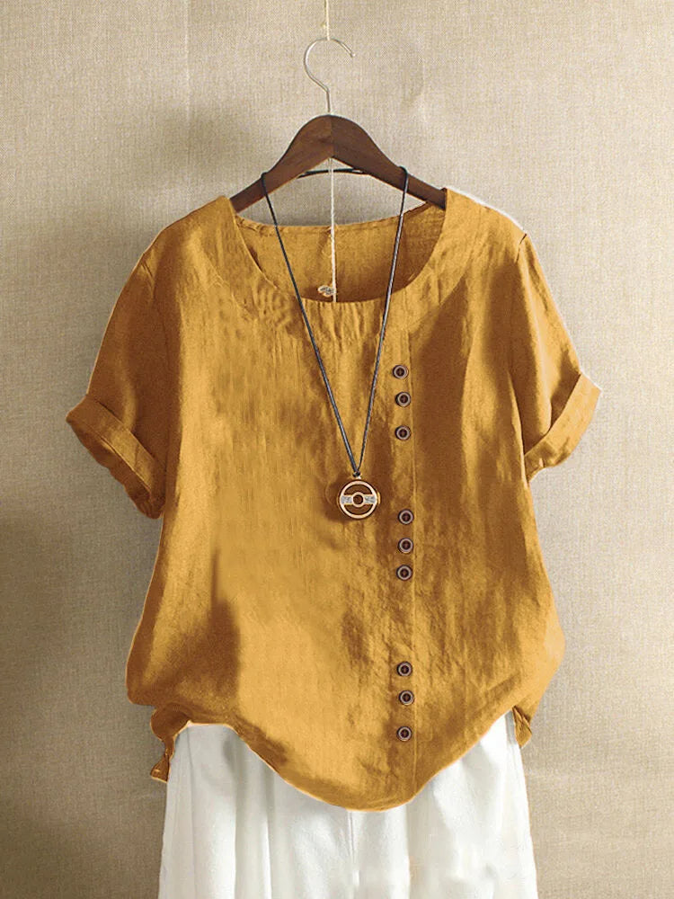 Elegant Cotton Women's Blouse with Short Sleeves and Button Details