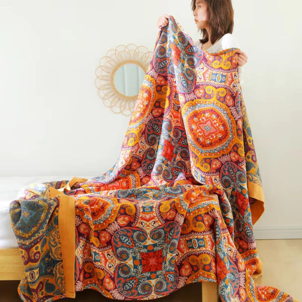 Sunrise Boho Reversible Blanket – Artistic Warmth with Dual-Sided Design