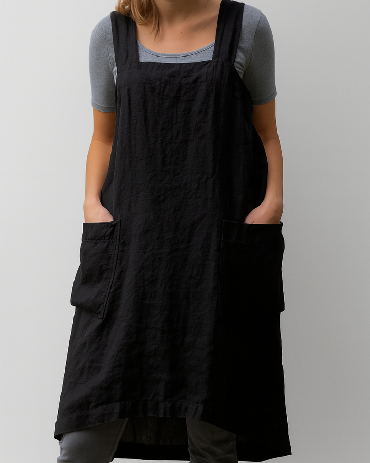 Women’s Cotton Linen Apron Style Dress with Pockets