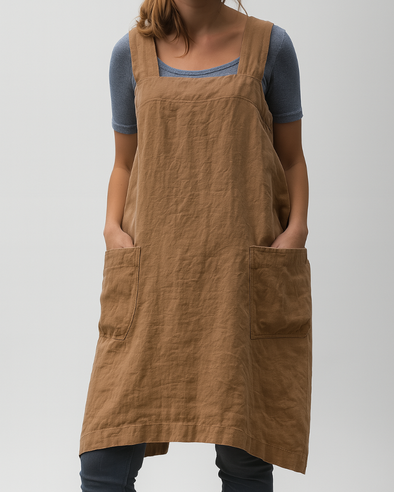 Women’s Cotton Linen Apron Style Dress with Pockets