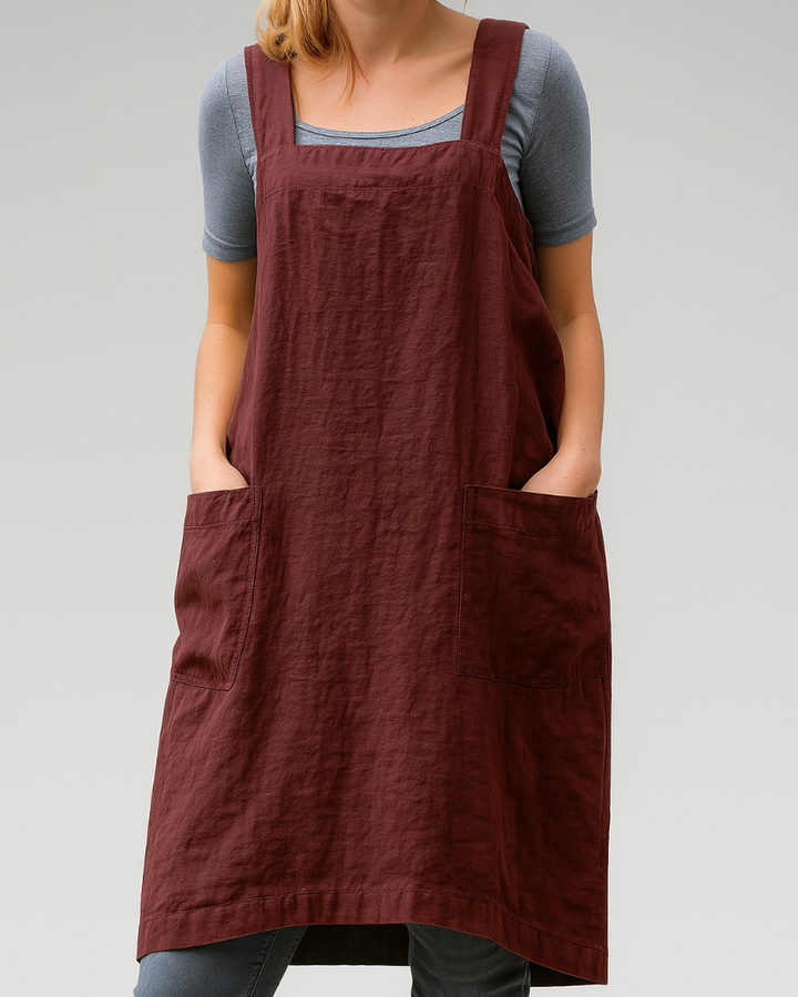 Women’s Cotton Linen Apron Style Dress with Pockets