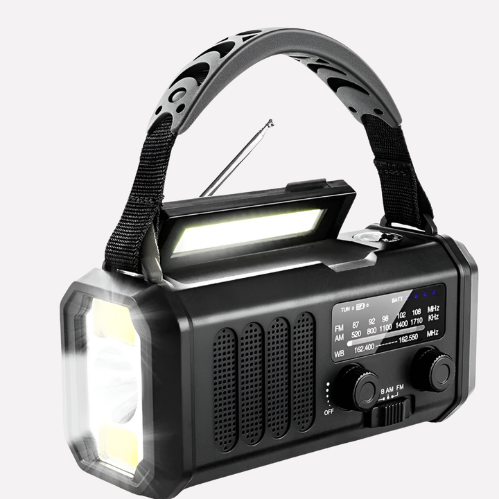 Emergency radio with hand crank, solar panel, and power bank function
