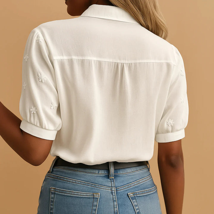 Embroidered White Blouse with Stand Collar