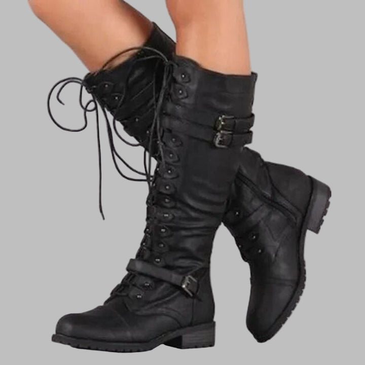 Retro Lace-Up Boots with Buckle for Women
