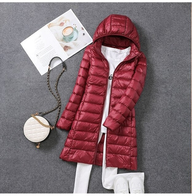 Long Down Jacket with Detachable Hood for Women