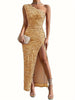Elegant One-Shoulder Sequin Maxi Evening Dress with Slit