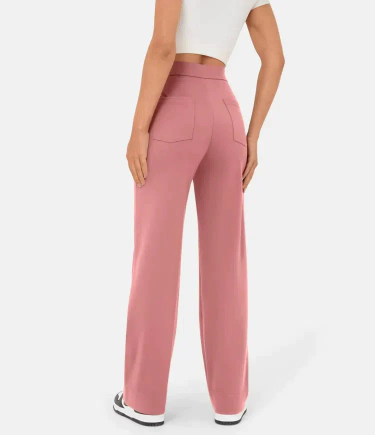 Elasticated casual trousers with a high waist and straight legs for women