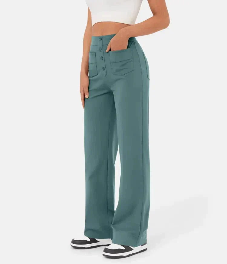Elasticated casual trousers with a high waist and straight legs for women