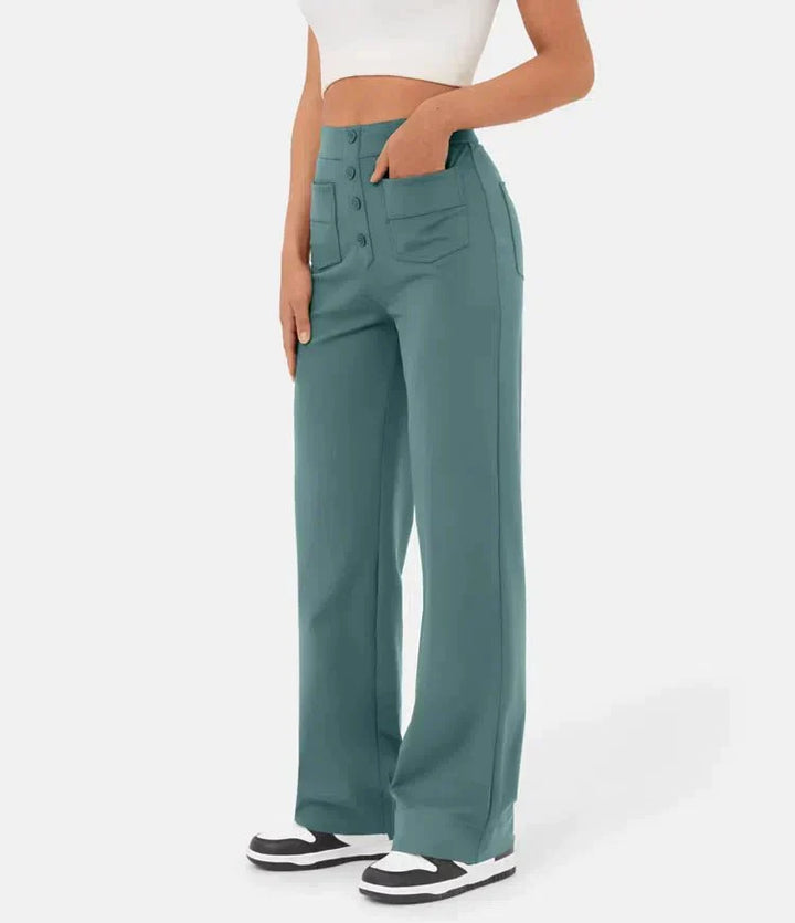 Elasticated casual trousers with a high waist and straight legs for women