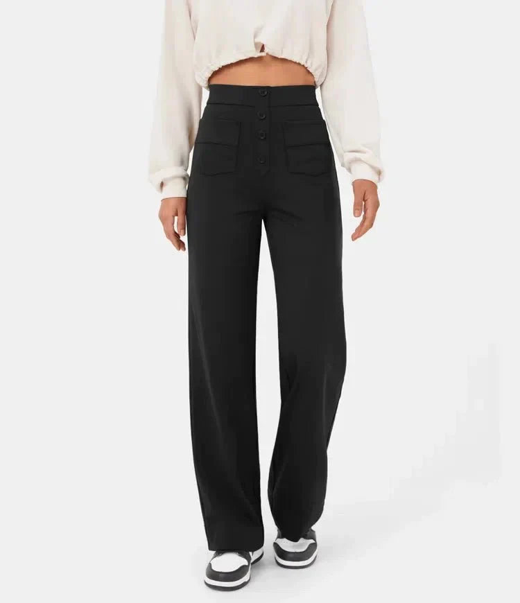 Elasticated casual trousers with a high waist and straight legs for women