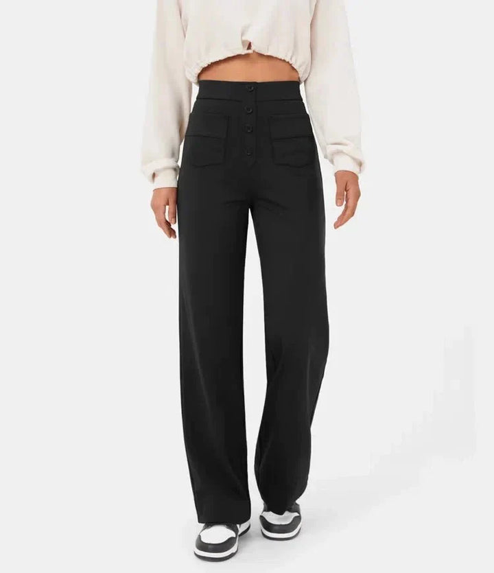 Elasticated casual trousers with a high waist and straight legs for women