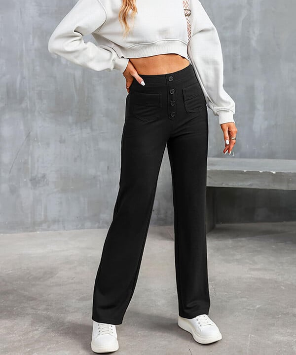 Elasticated casual trousers with a high waist and straight legs for women