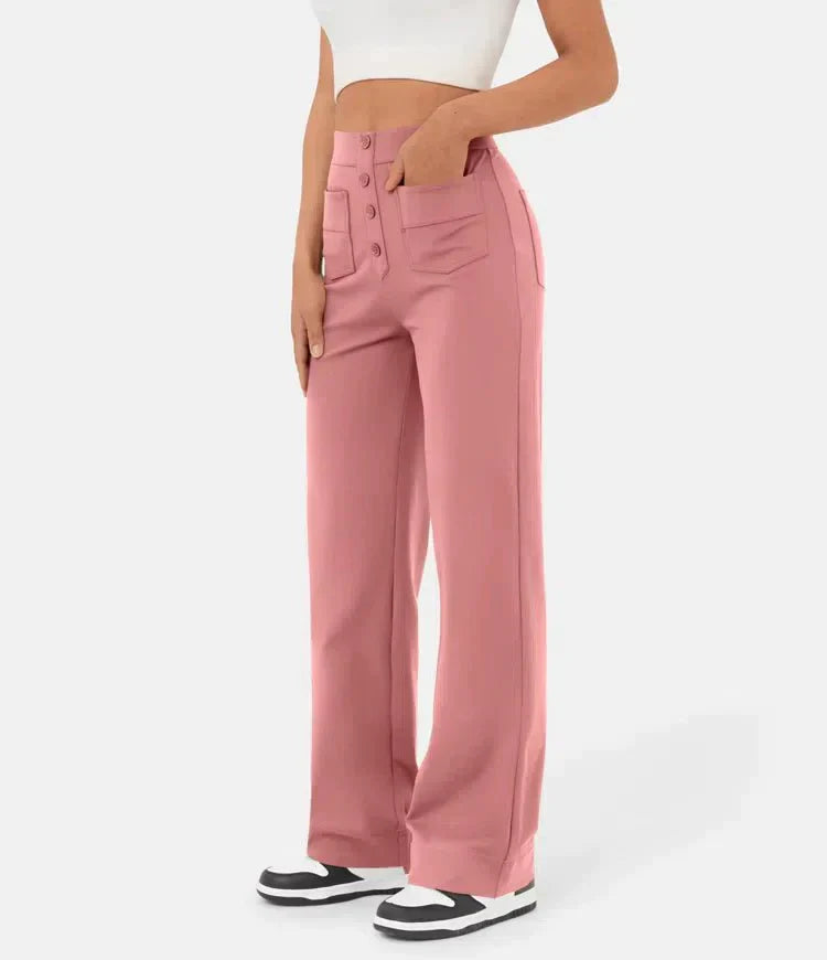 Elasticated casual trousers with a high waist and straight legs for women