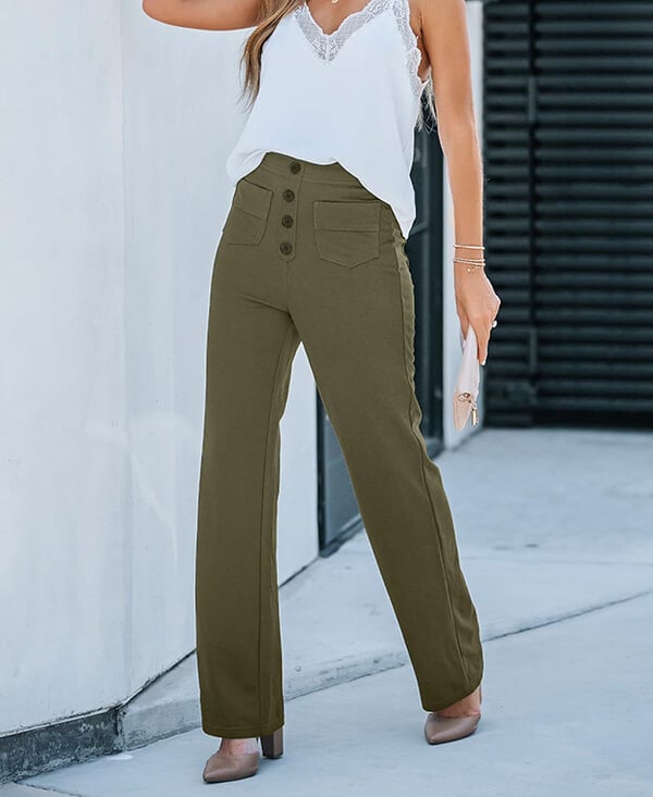 Elasticated casual trousers with a high waist and straight legs for women