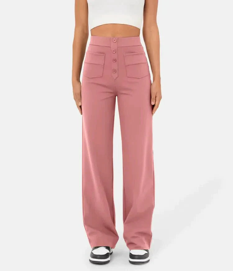 Elasticated casual trousers with a high waist and straight legs for women