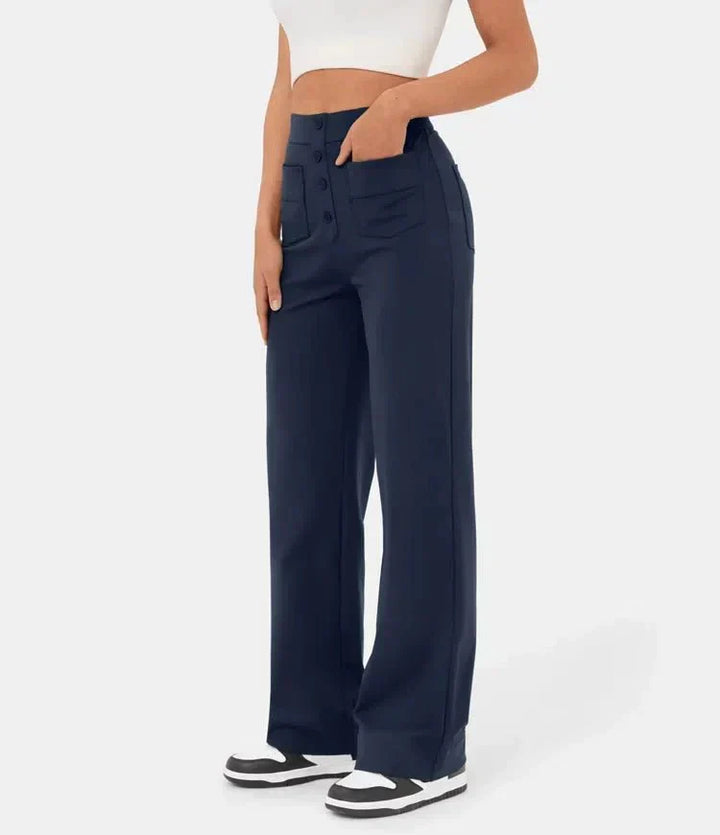 Elasticated casual trousers with a high waist and straight legs for women