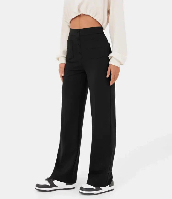 Elasticated casual trousers with a high waist and straight legs for women