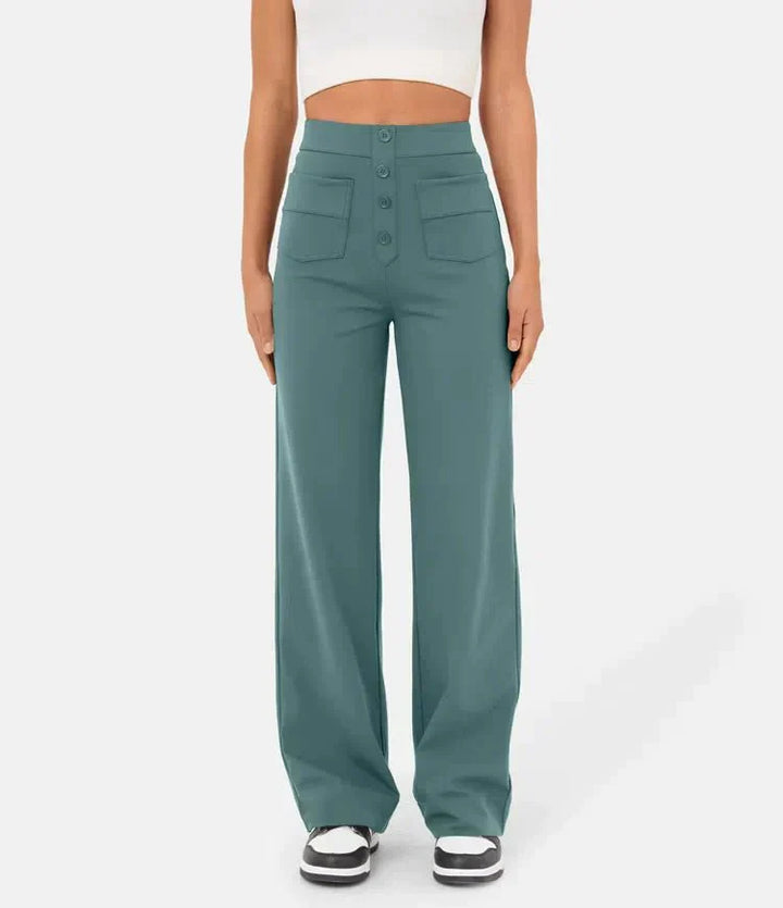Elasticated casual trousers with a high waist and straight legs for women