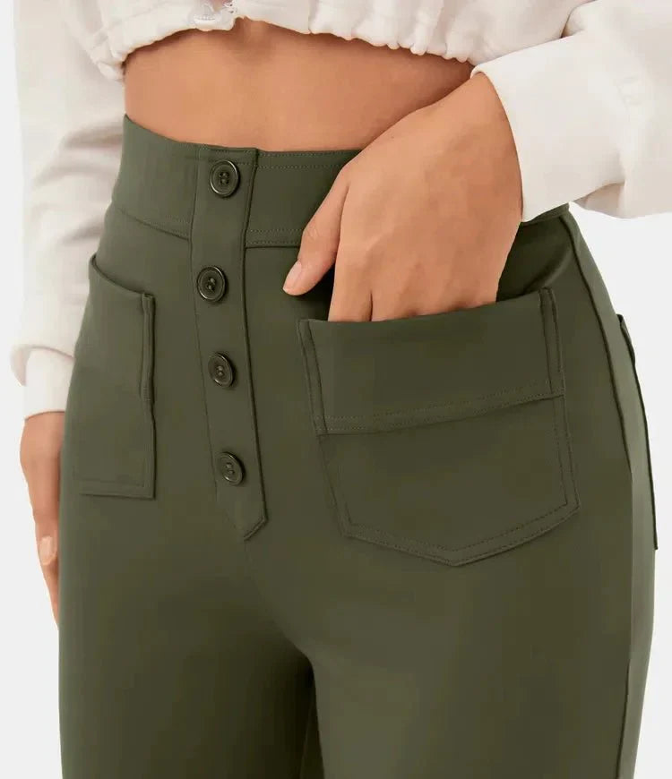 Elasticated casual trousers with a high waist and straight legs for women