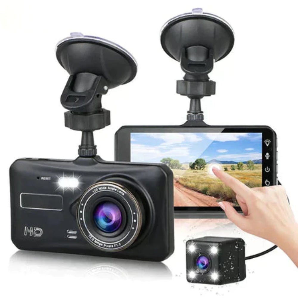 "Wireless dual dash camera, night vision, 170° angle, HD 1080p, front and rear lenses, LCD screen, sleek black design."
